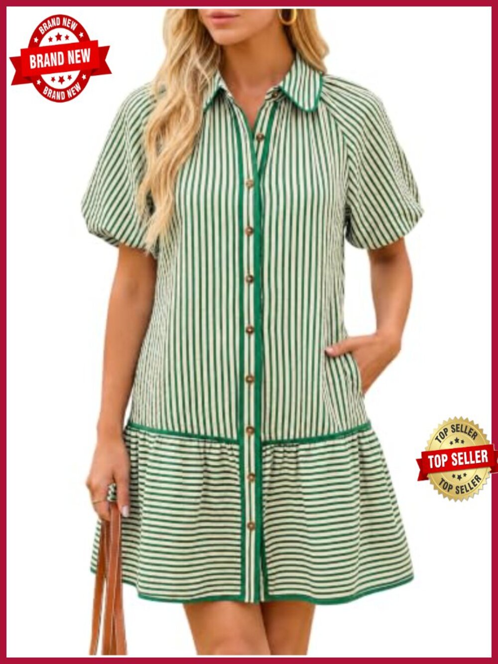 Womens Striped Button Down Shirt Dress Puff Sleeve Mini